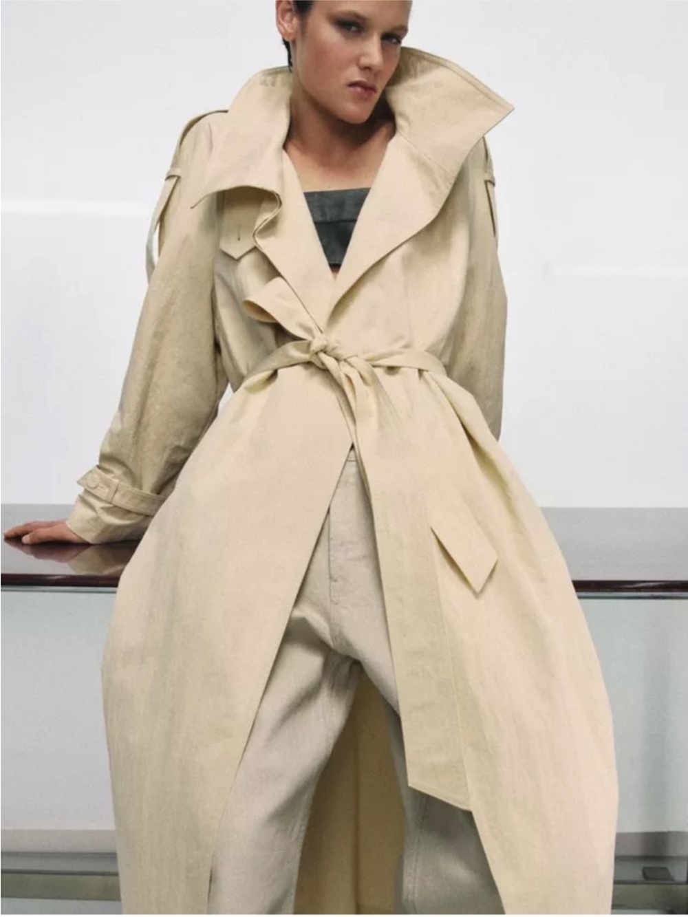 Zara NWT ZW COLLECTION HIGH-NECK OVERSIZED TRENCH COAT in Butter 0518/051